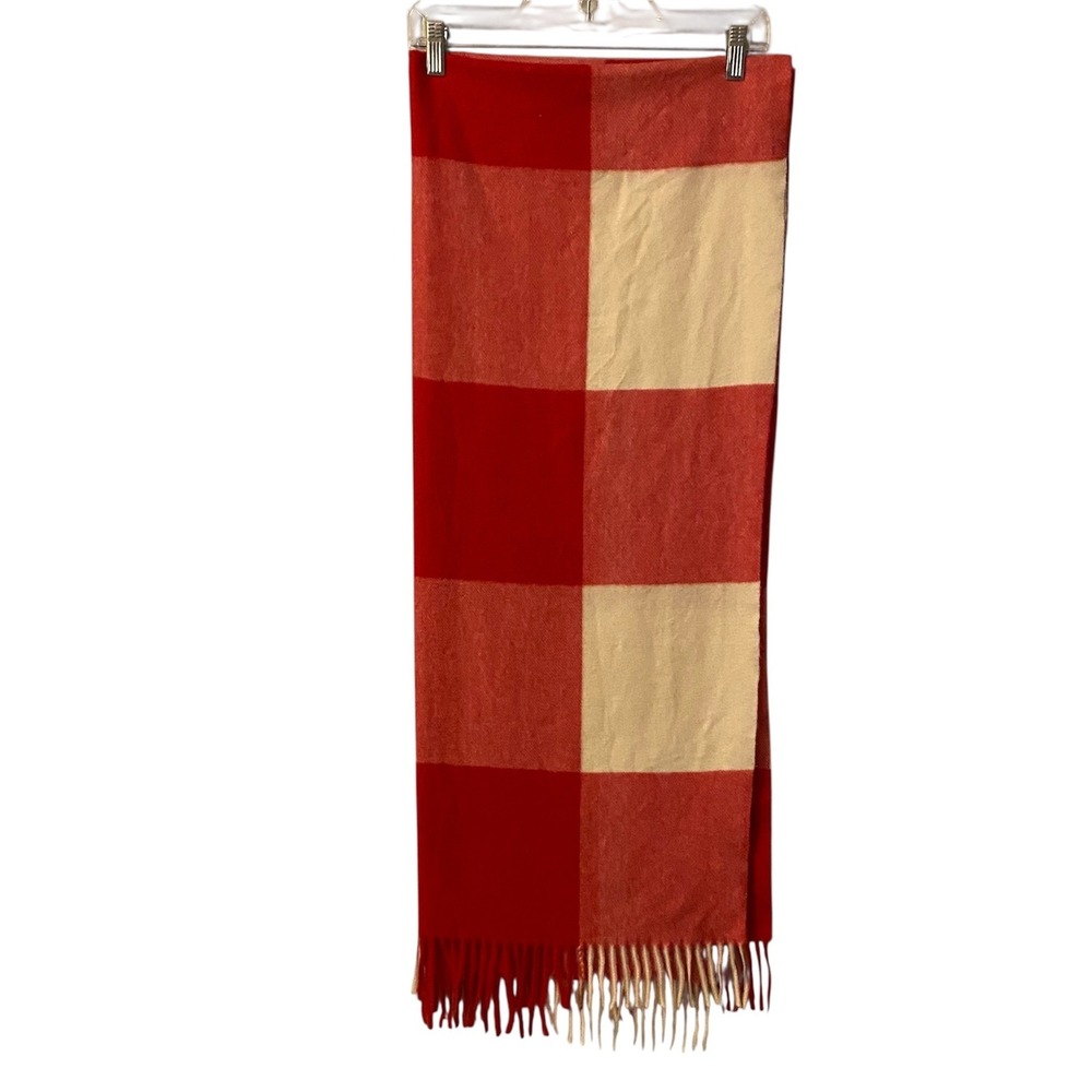 Sky Cashmere Plaid Wool Scarf Red Cream Fringe Large Boho‎ Warm Oversized
